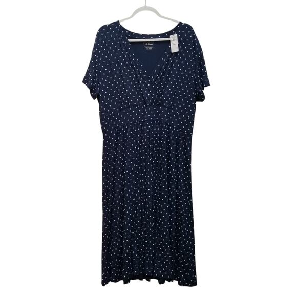 LL Bean NWT Dress Navy Blue White Polka Dot Faux Wrap Swing Stretch Knit 1X - Picture 1 of 12